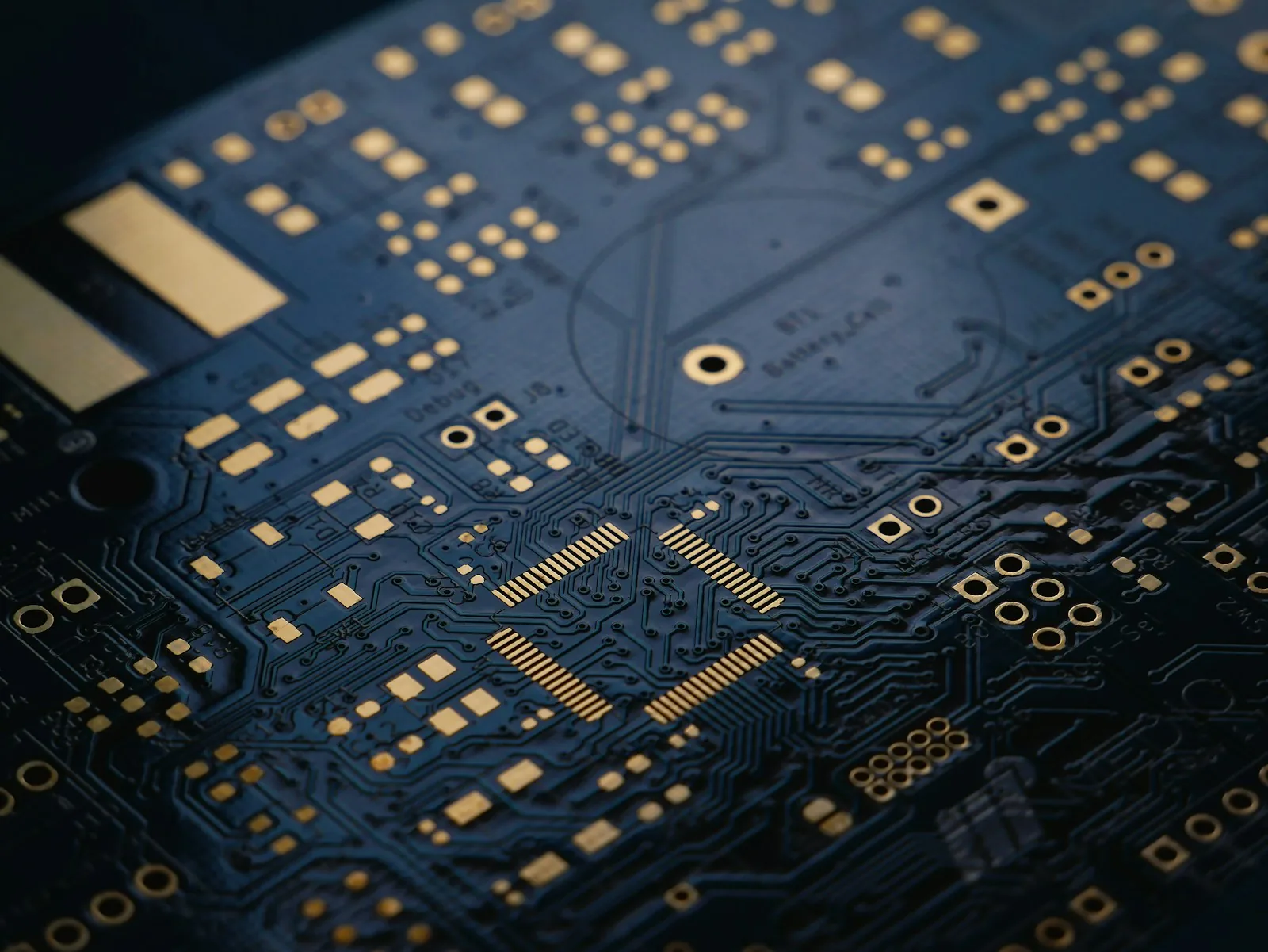 Macro view of a navy circuit board with gold traces